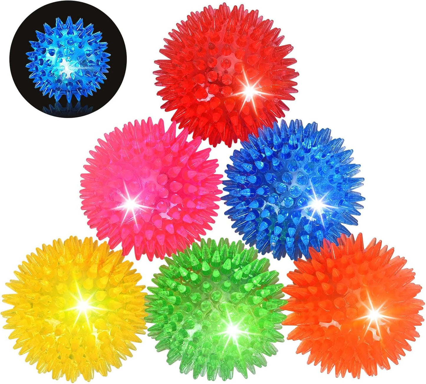 6-Pack 2.5” LED Light-Up Squeaky Dog Toy Balls ,Durable Interactive Glow Fetch Toys for Aggressive Chewers,Bpa Free Non-Toxic, Spiky Puppy Chew Balls