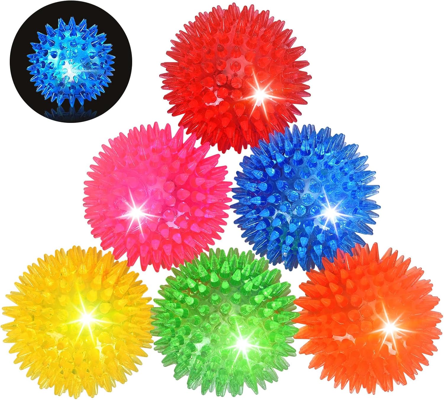 6-Pack 2.5” LED Light-Up Squeaky Dog Toy Balls ,Durable Interactive Glow Fetch Toys for Aggressive Chewers,Bpa Free Non-Toxic, Spiky Puppy Chew Balls